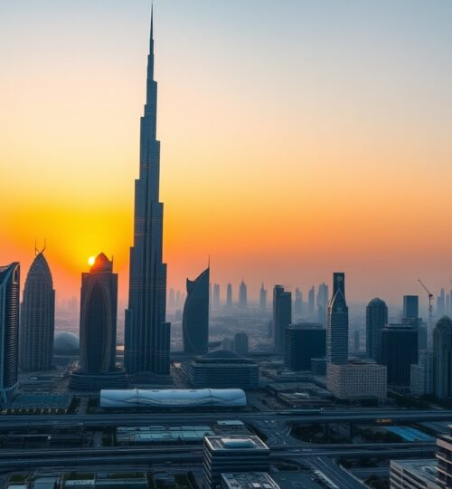 Dubai skyline at sunset featuring Burj Khalifa