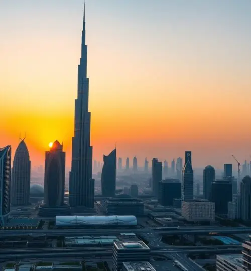 Horizonte de Dubái al atardecer con el Burj Khalifa