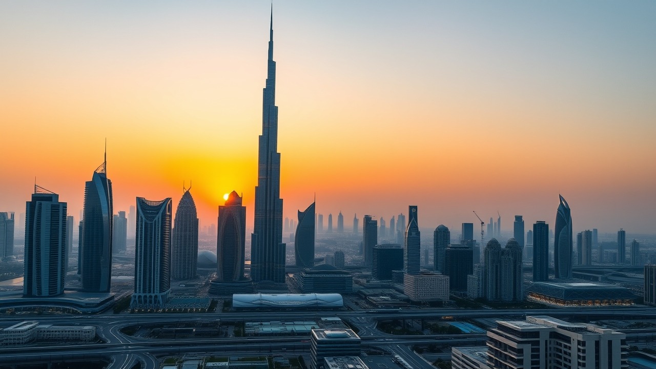 Dubai skyline at sunset featuring Burj Khalifa