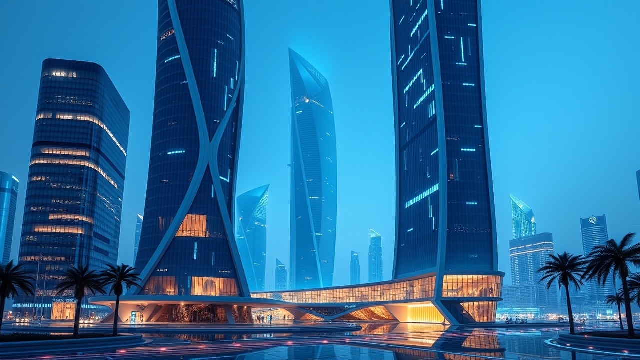 Futuristic Dubai financial center with data streams