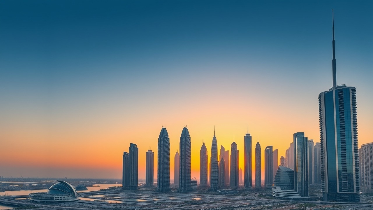 Dubai skyline view of skyscrapers at sunset