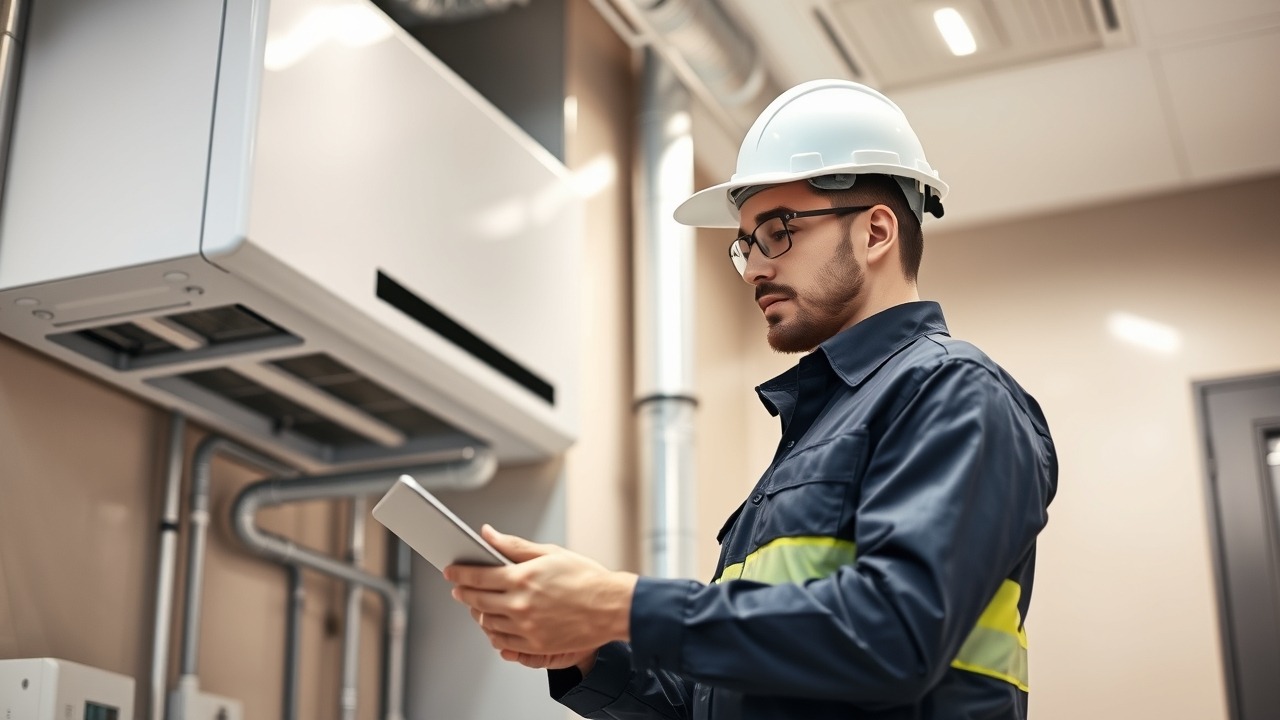 Building maintenance technician using tablet for inspection