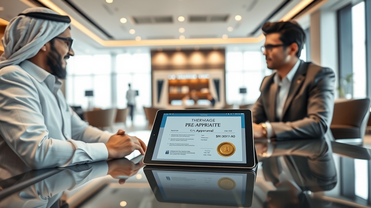 Dubai mortgage pre-approval meeting in a luxury bank office