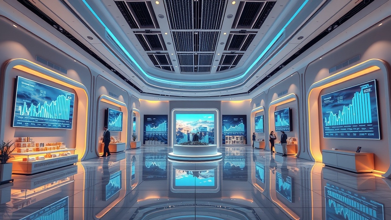 Modern Dubai real estate showroom with futuristic market data displays