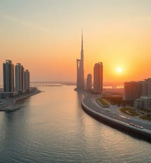 Vue aérienne du quartier de Dubai Creek Harbour Island au coucher du soleil