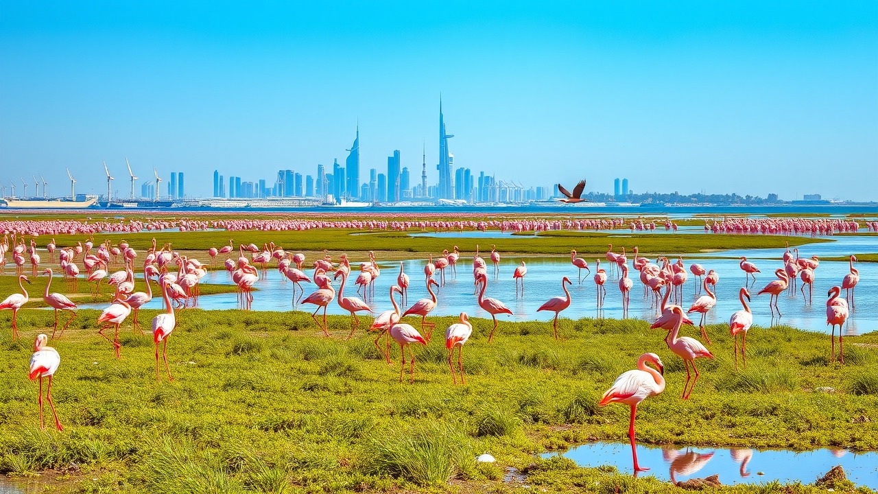 Ras Al Khor Wildlife Sanctuary with Dubai Creek Harbour background
