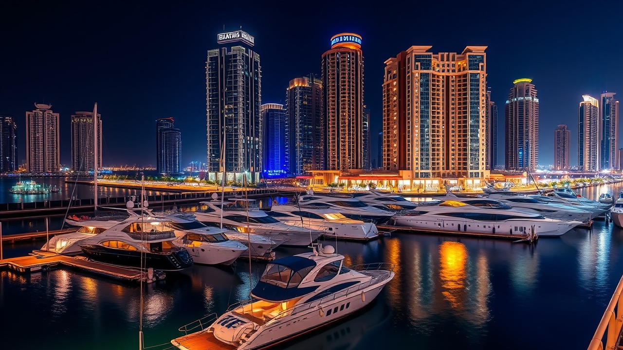 Dubai Creek Marina at night with luxury yachts