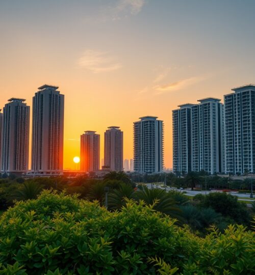 Dubai skyline view of JVC residential towers at sunset