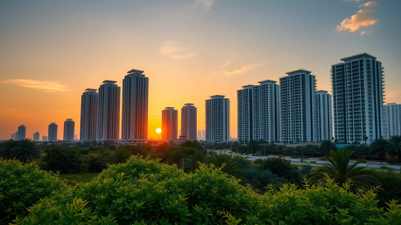 Blick auf die Skyline von Dubai mit den JVC-Wohntürmen bei Sonnenuntergang