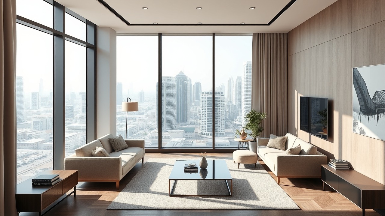 Modern luxury studio apartment interior in Dubai with city view