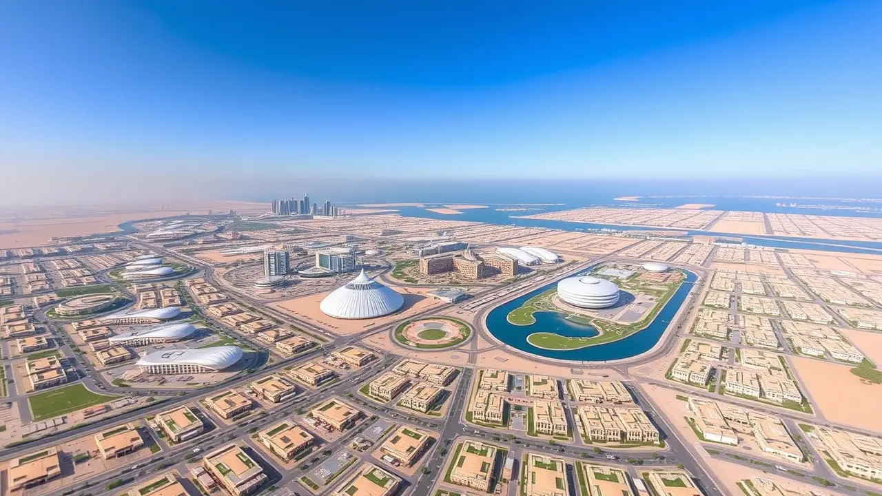 Luftaufnahme der Expo City und der Wohngebiete von Dubai South