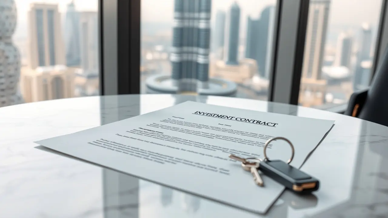 Immobilien-Investitionskonzept mit Schlüssel und Blick auf Dubai