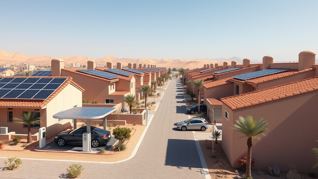 Sustainable green community with solar panels in Dubai