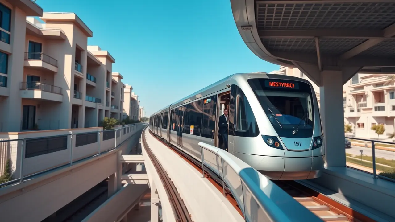 Ein Zug der Dubai Metro fährt durch ein modernes Wohnviertel