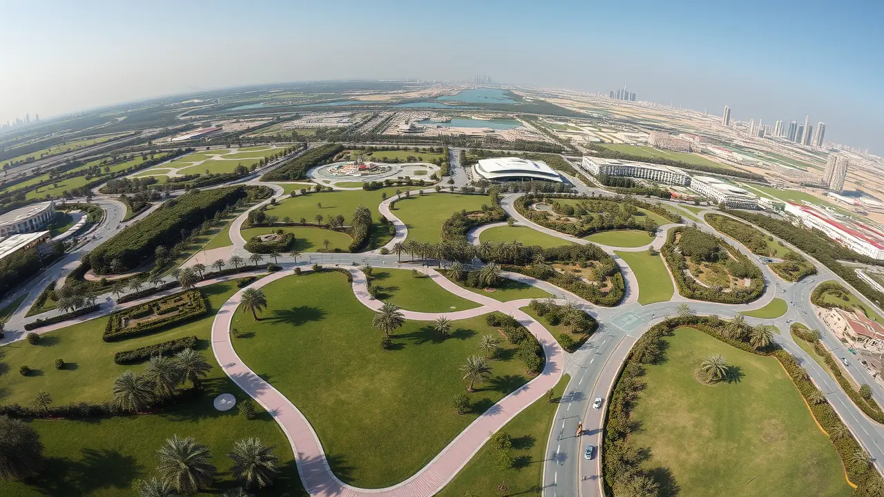 Vista aérea del espacio verde del parque Dubai Hills