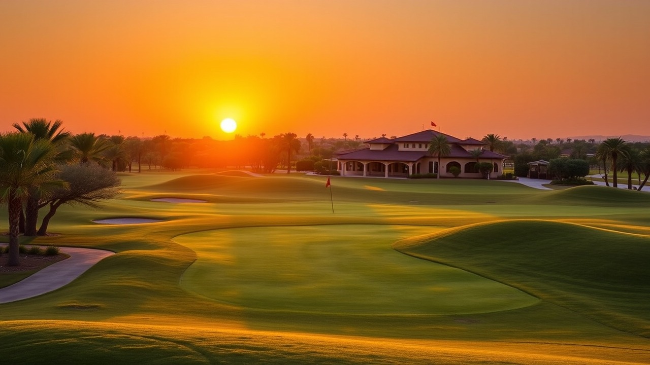 Arabian Ranches golf course at sunset