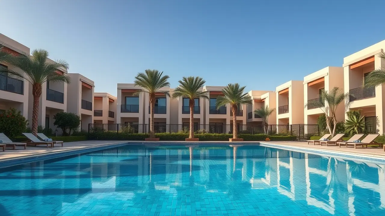 Piscina comunitaria de lujo en una urbanización cerrada de Dubái.