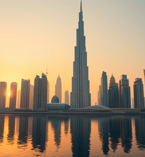 Dubai skyline at golden hour featuring Burj Khalifa