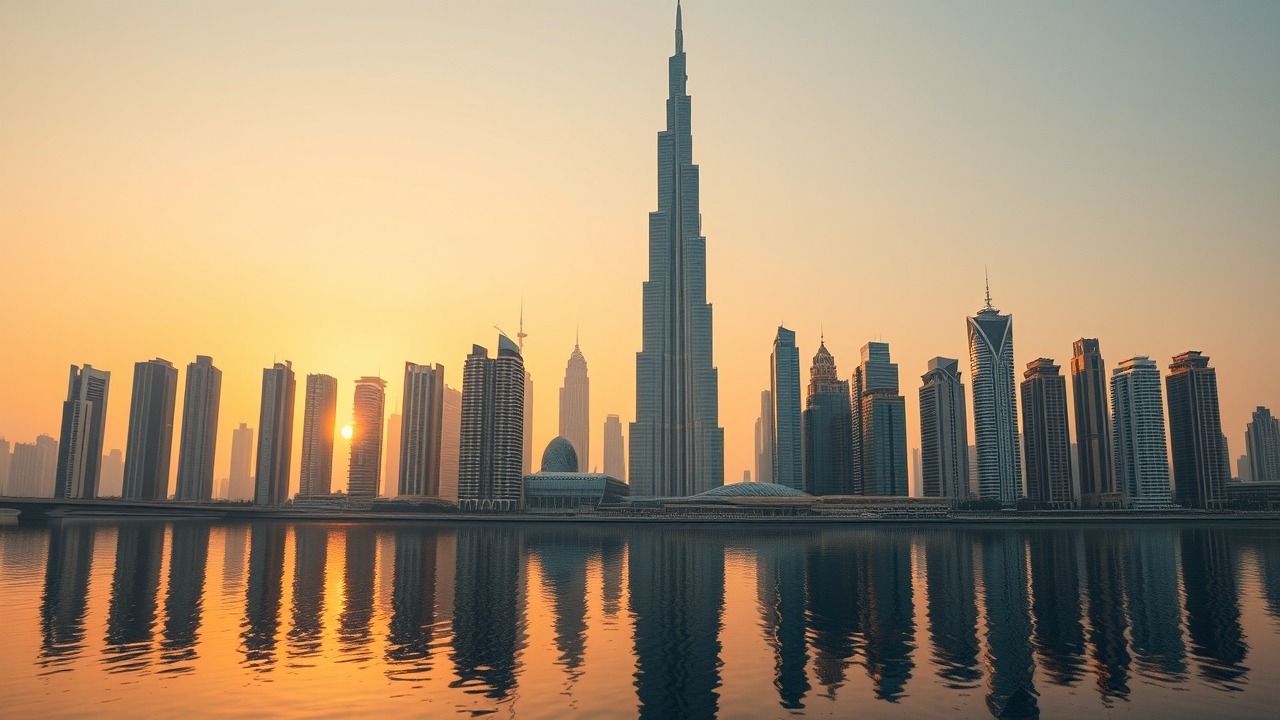 Dubai skyline at golden hour featuring Burj Khalifa