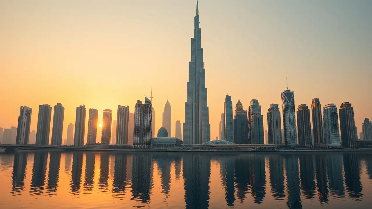 Die Skyline von Dubai in der goldenen Stunde mit dem Burj Khalifa