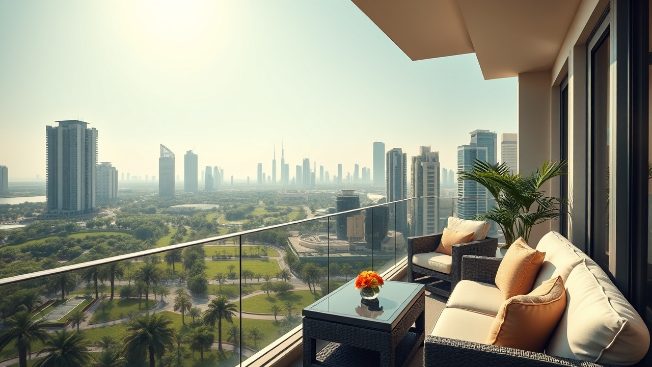 Luxury Dubai apartment balcony with park view