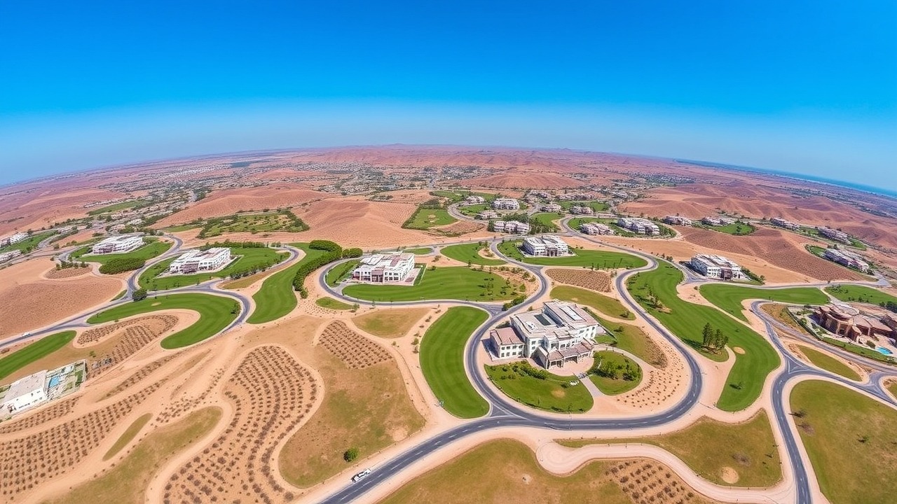 Aerial view of Dubai Hills Estate villas and golf course