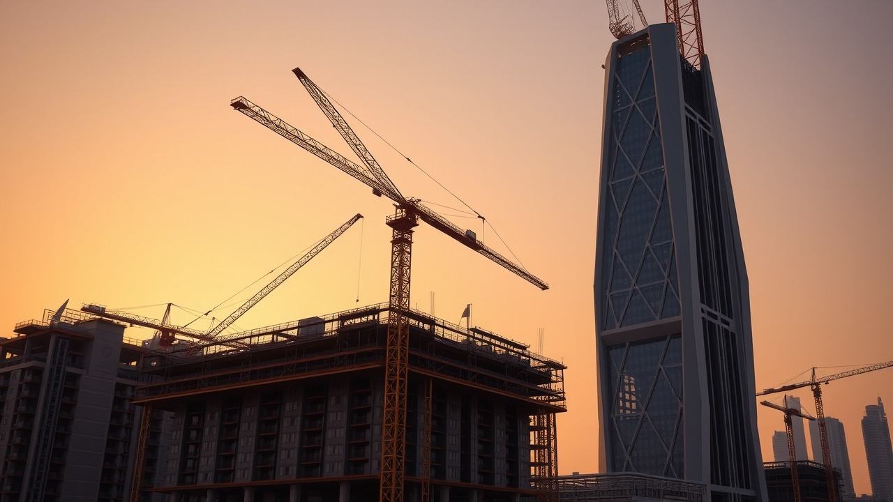 Modern skyscraper construction site in Dubai at sunset