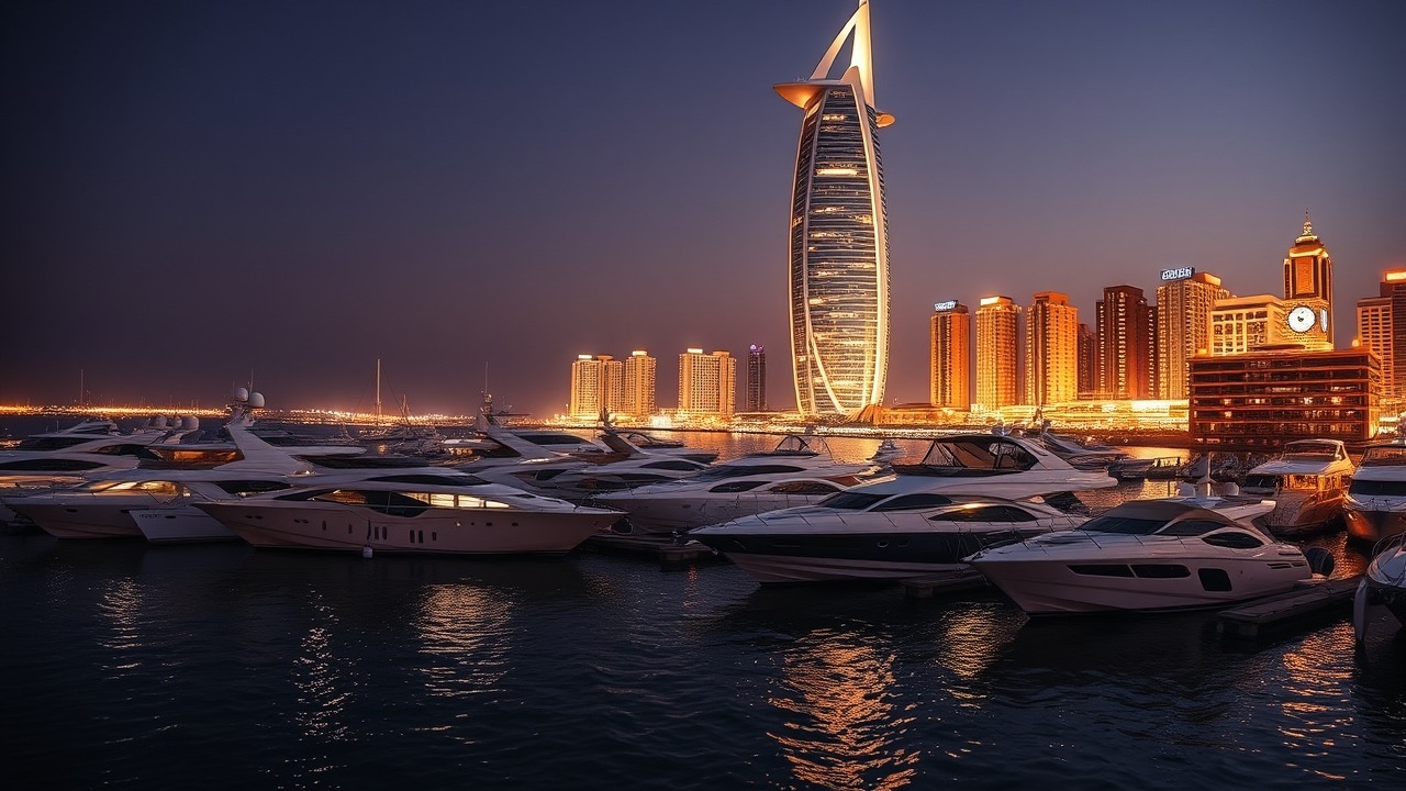 Dubai Marina at night with luxury yachts
