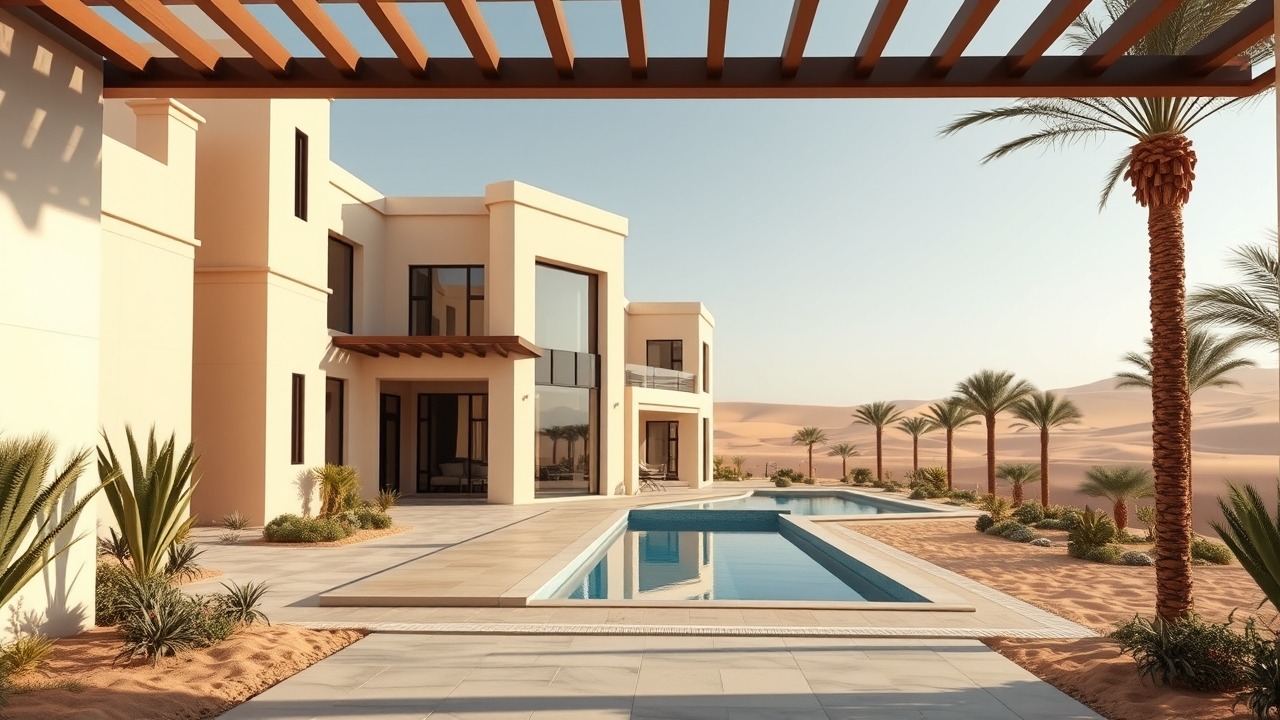 Luxury villa entrance with private pool in Dubai