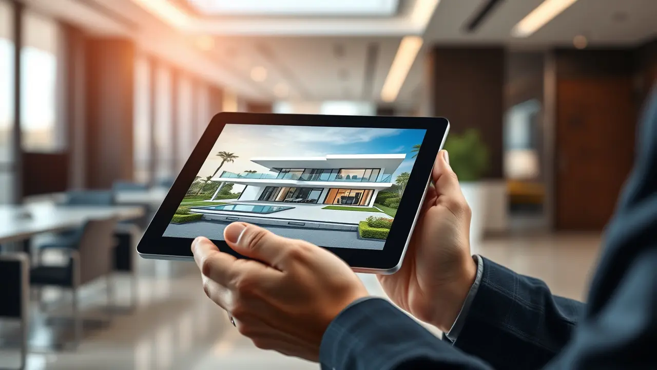 Architekturvisualisierung in 3D auf einem Tablet im Büro in Dubai