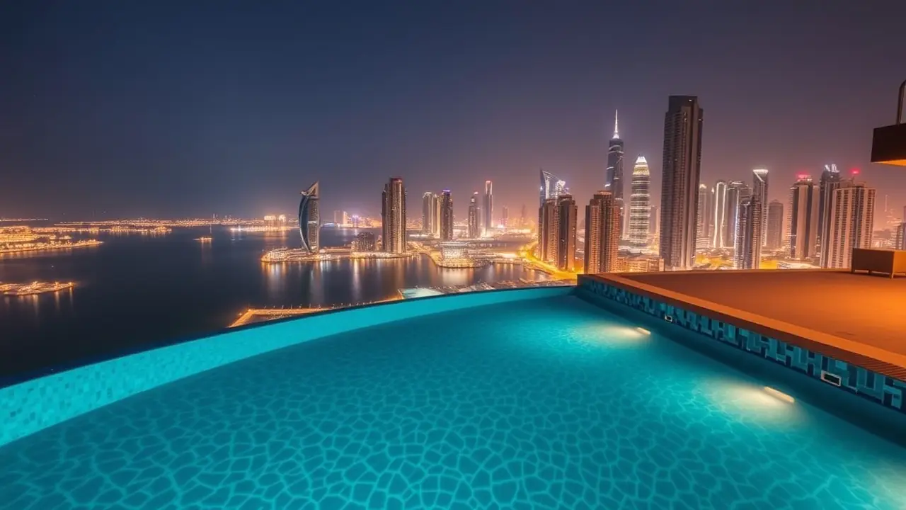 Infinity-Pool mit Blick auf die Dubai Marina bei Nacht