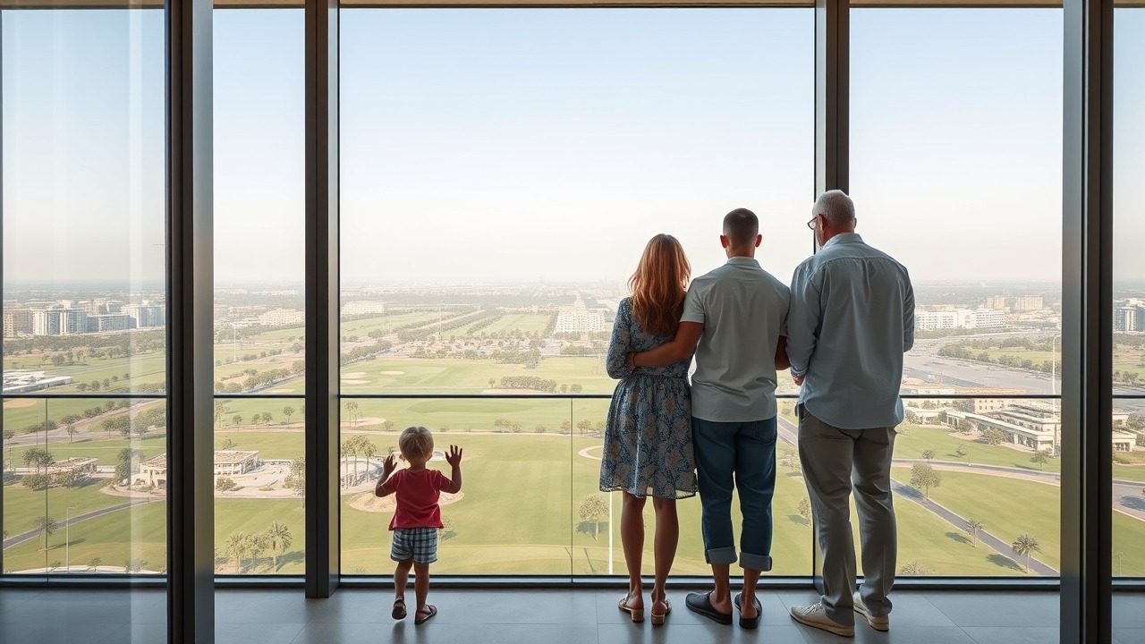 Family on balcony overlooking Dubai golf course