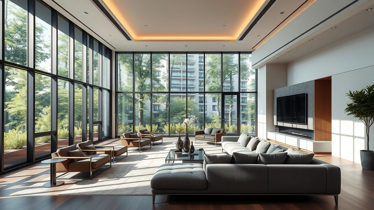 Spacious living room interior in Motor City apartment