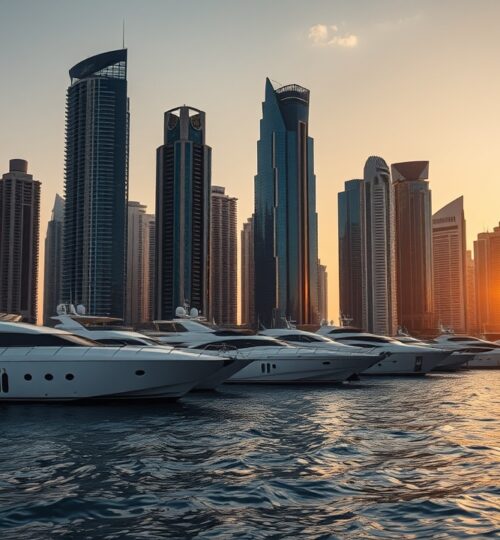 Dubai Marina skyline and yachts at sunset