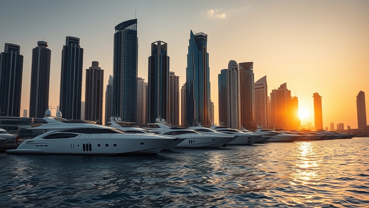 Dubai Marina skyline and yachts at sunset