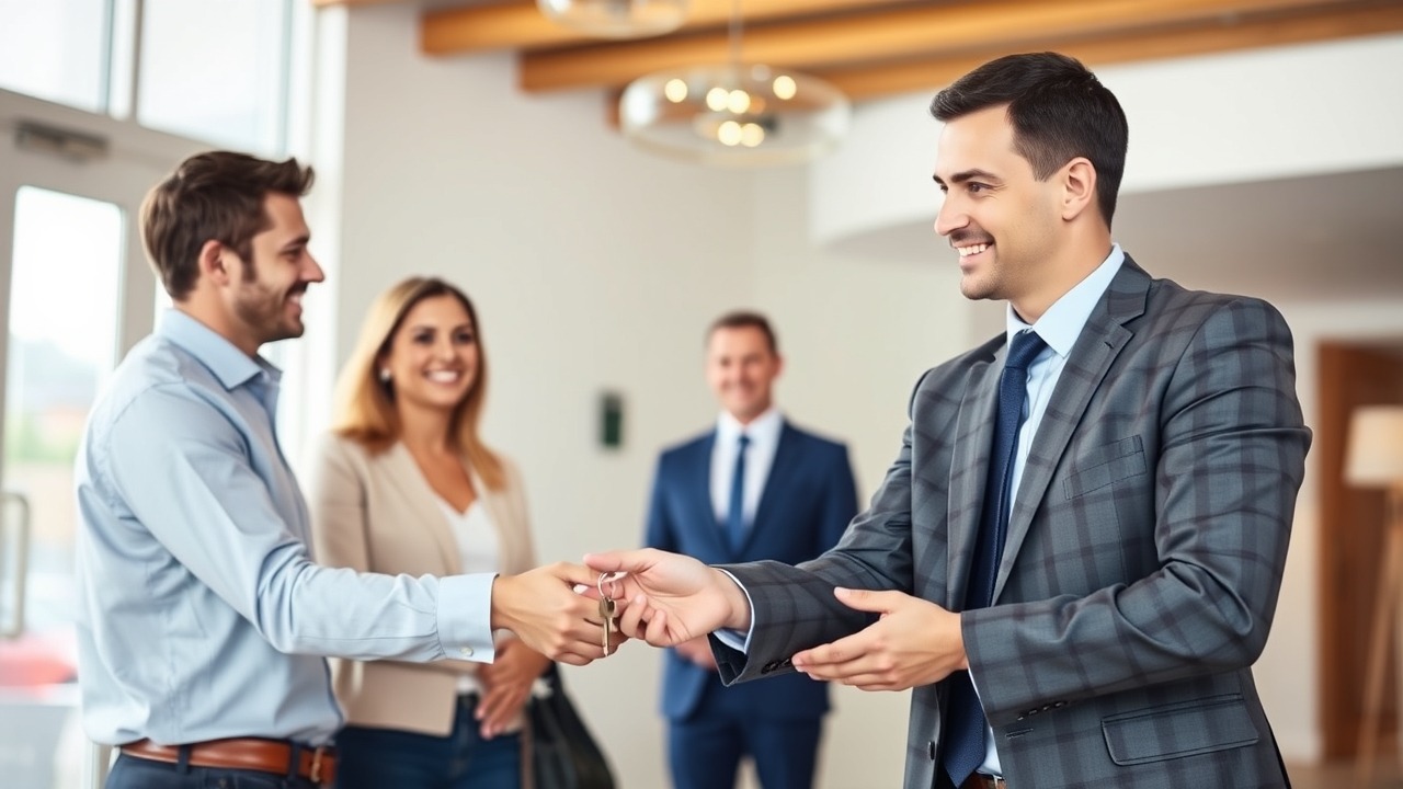 Property manager handing keys to new tenants