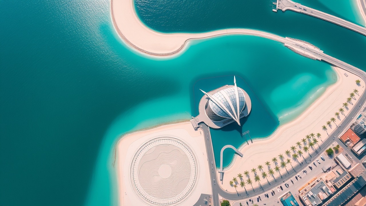 Aerial view of JBR beach and Bluewaters Island