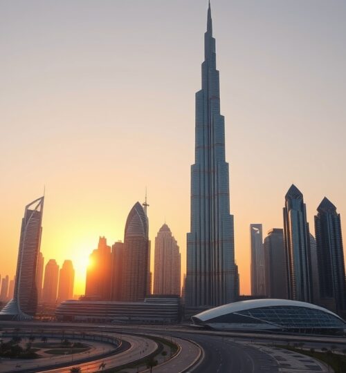 Dubai skyline golden hour Burj Khalifa