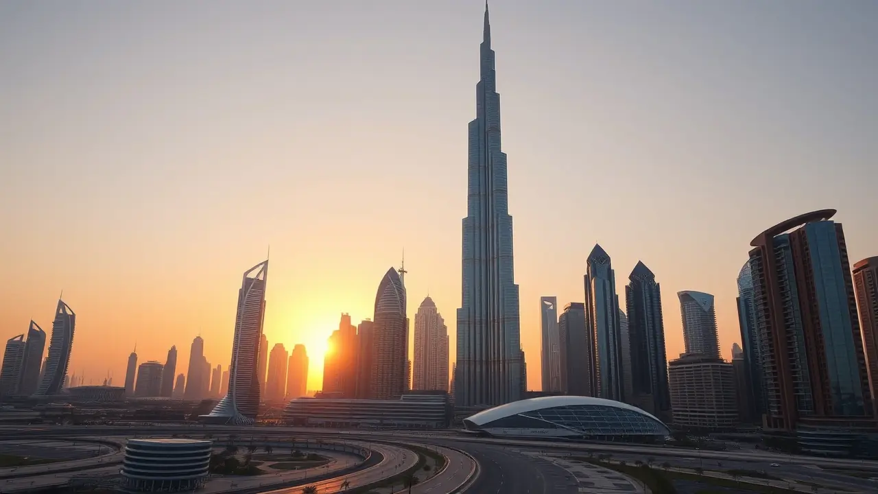 La hora dorada del horizonte de Dubái: Burj Khalifa