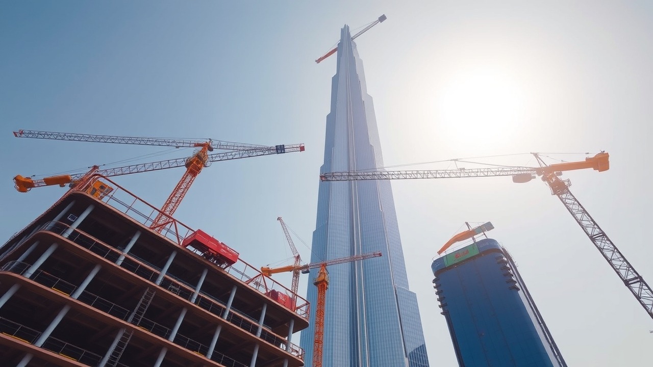 Dubai skyscraper construction site aerial