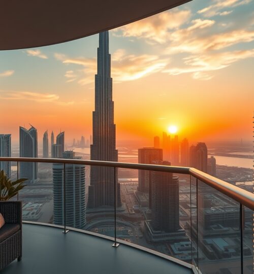 Luxury Dubai apartment balcony with Burj Khalifa view