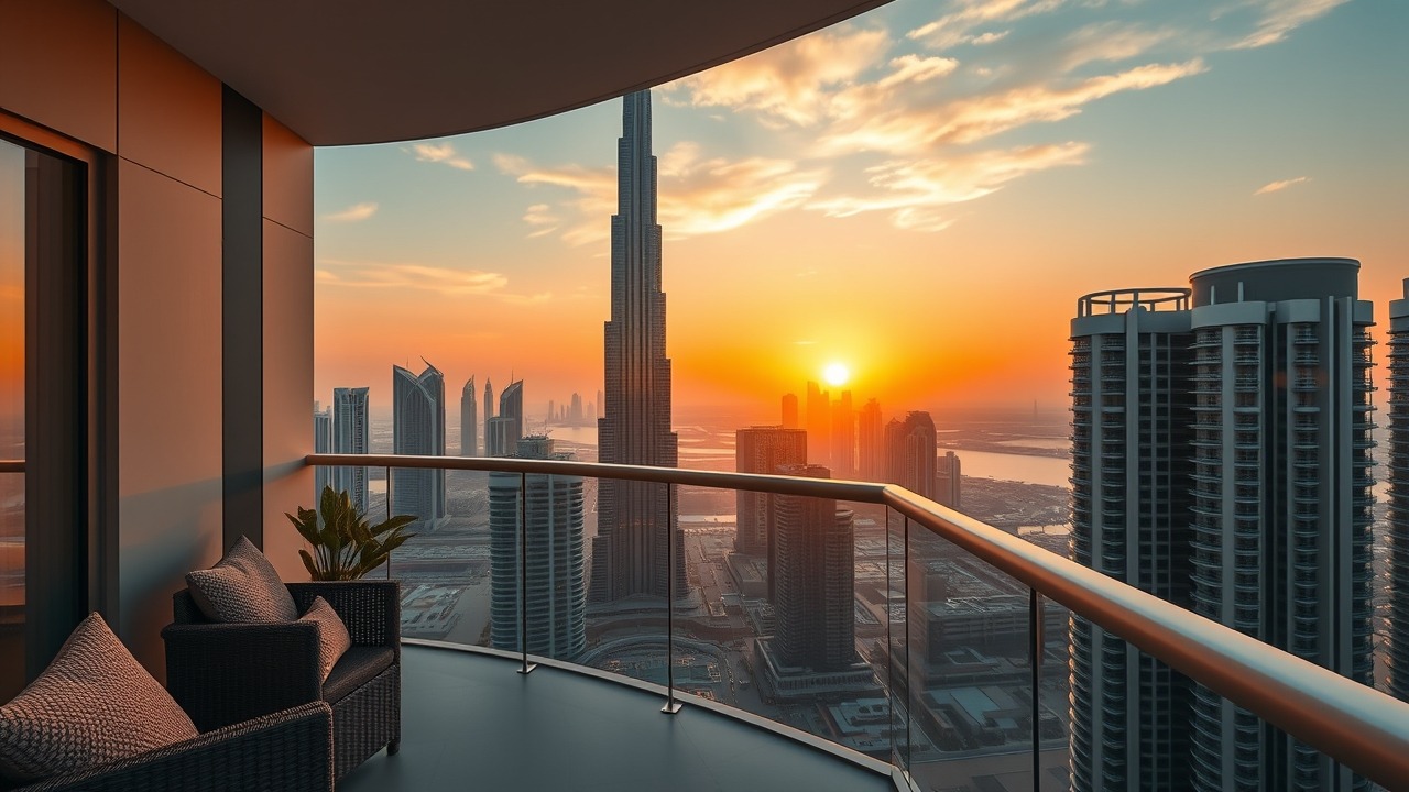 Luxury Dubai apartment balcony with Burj Khalifa view
