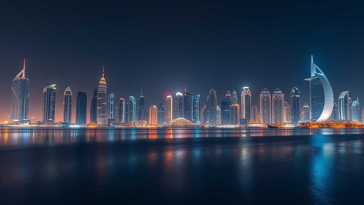 Dubai Marina skyline at night with reflections