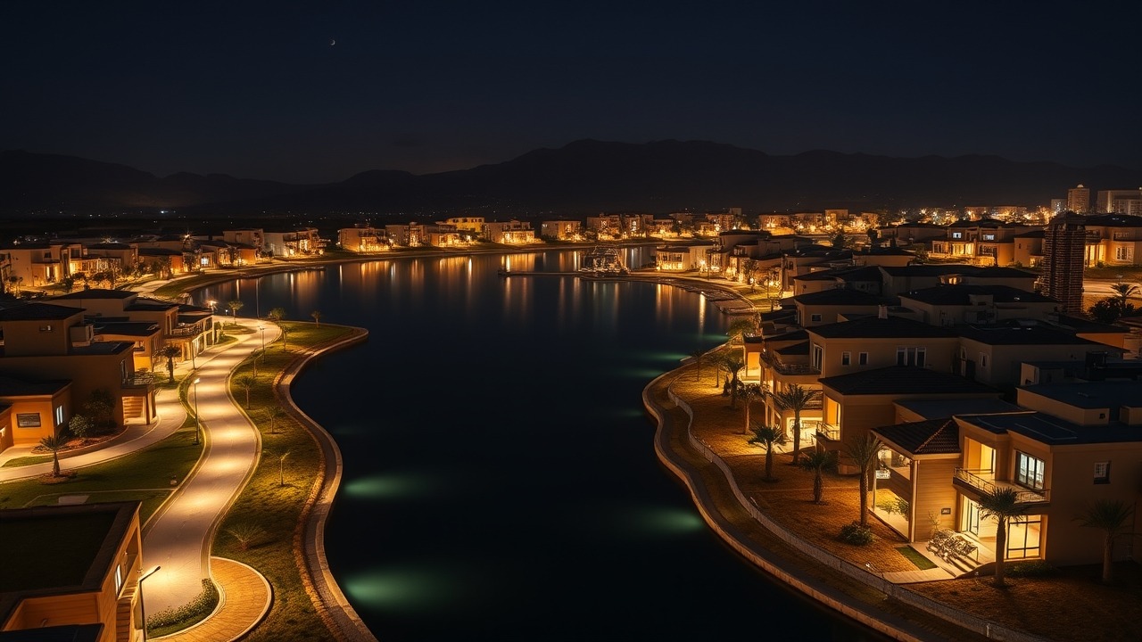 Tilal Al Ghaf community at night with illuminated lagoon
