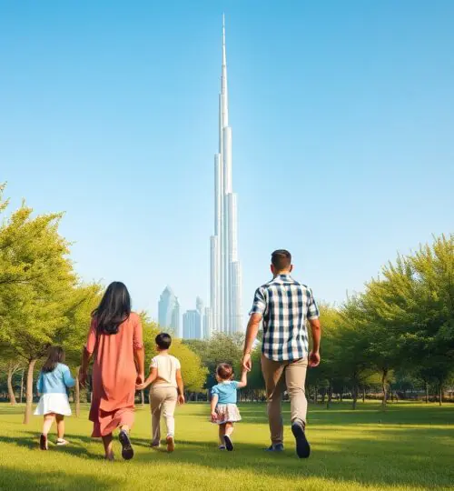 Une famille se promène dans le parc de Dubai Hills Estate avec vue sur le Burj Khalifa.