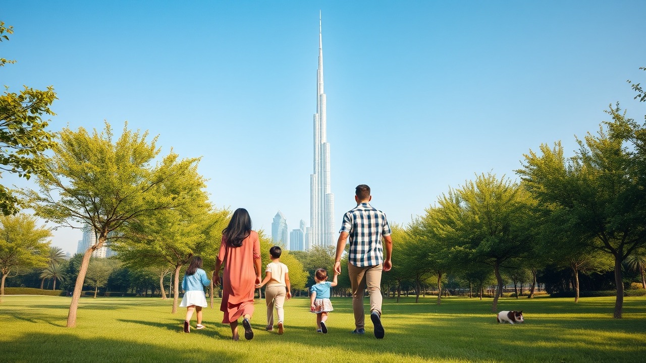Family in Dubai Hills Estate park with Burj Khalifa view