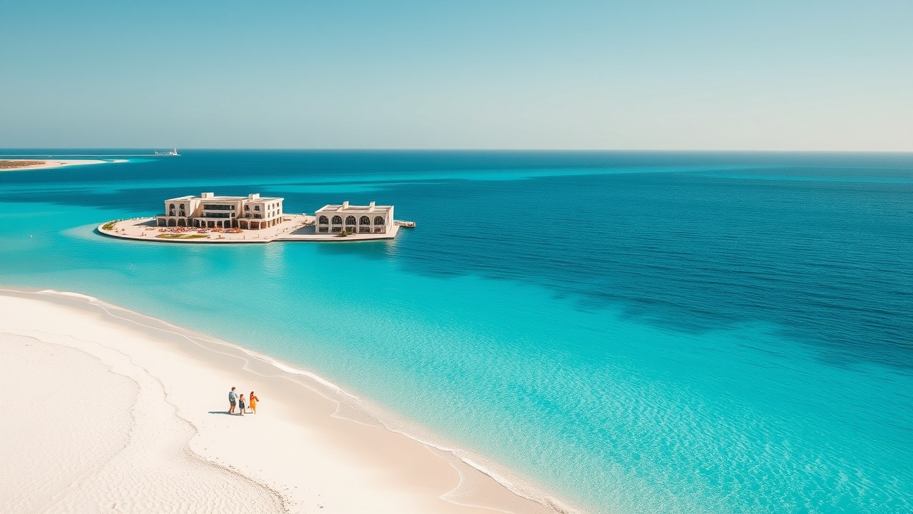 Aerial view of Saadiyat Island beach and luxury villas