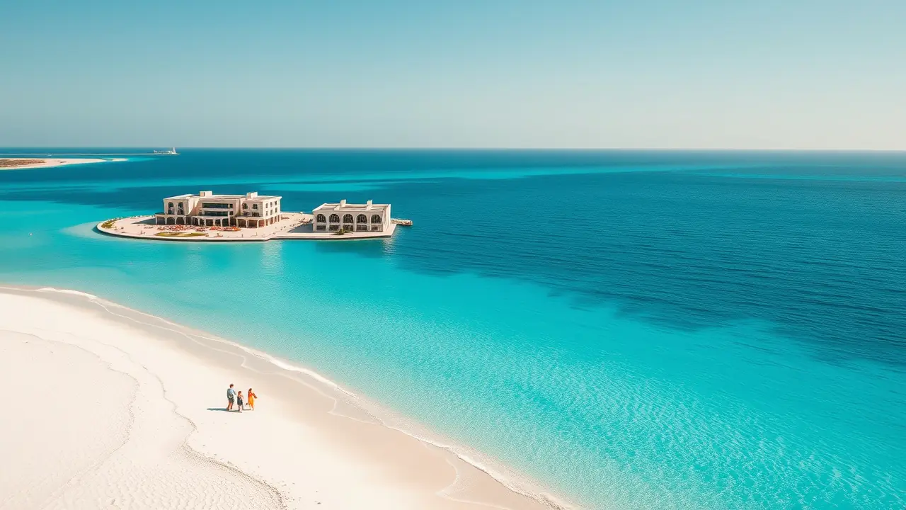 Vista aérea de la playa de la isla Saadiyat y villas de lujo.