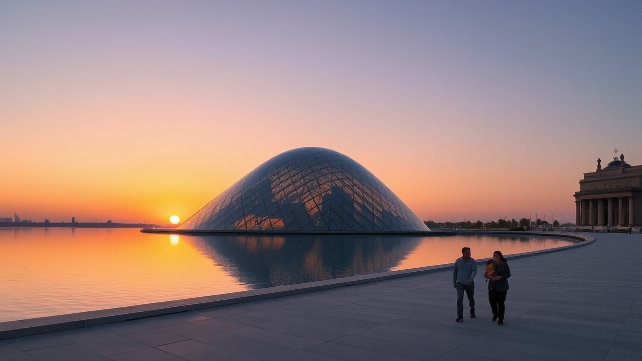 Louvre Abu Dhabi architecture at sunset