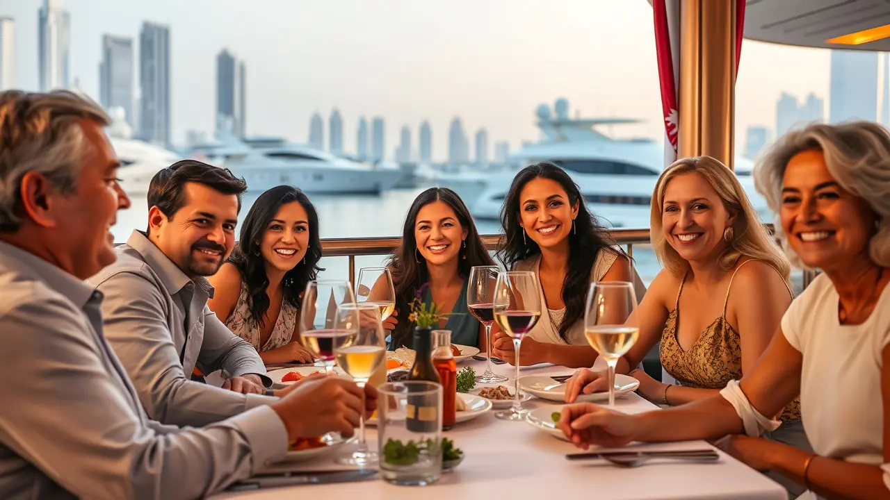 Cena familiar en el paseo marítimo de Dubai Marina